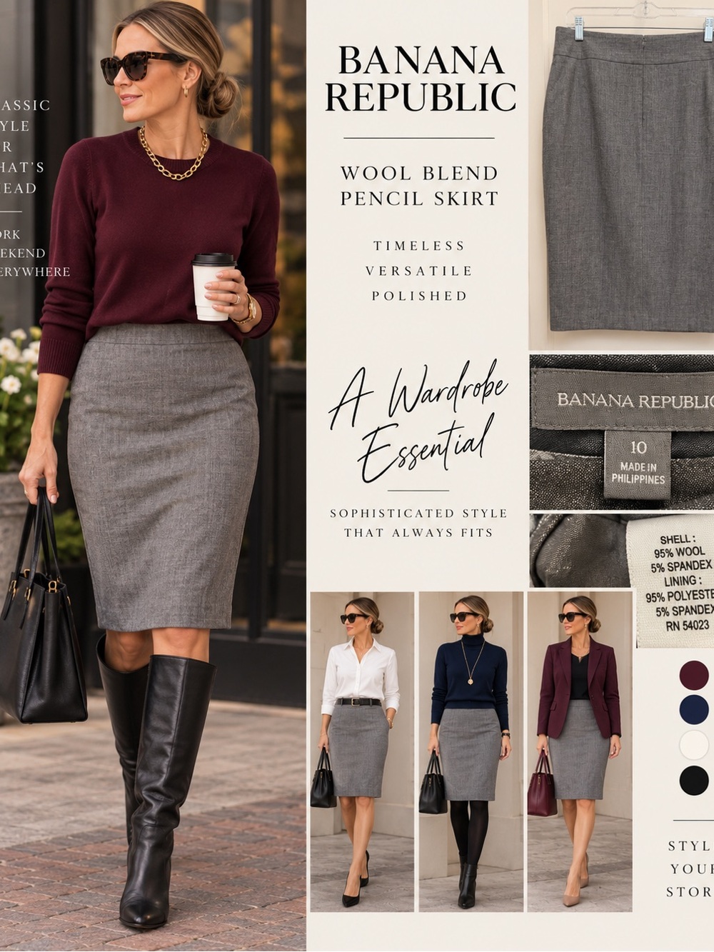 Banana Republic Gray 95% Wool-Stretch Pencil Skirt Lined